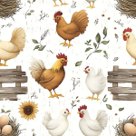 Lniana tkanina Sielska Farma - Kurza Rodzina i Słoneczniki