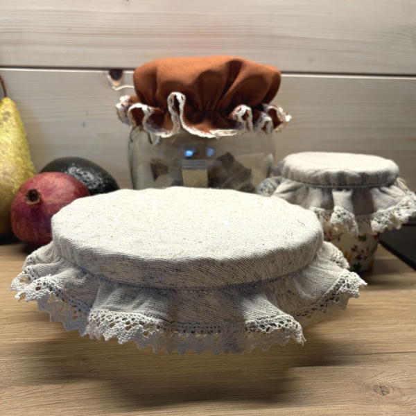 Kapturek Konopno Bawełniany z Koronką na Miskę do 18 cm