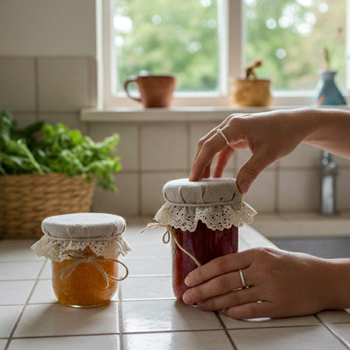 Kapturek Konopno Bawełniany z Koronką na Miskę do 18 cm