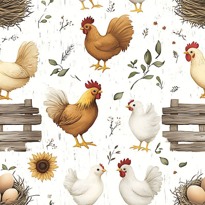 Lniana tkanina Sielska Farma - Kurza Rodzina i Słoneczniki