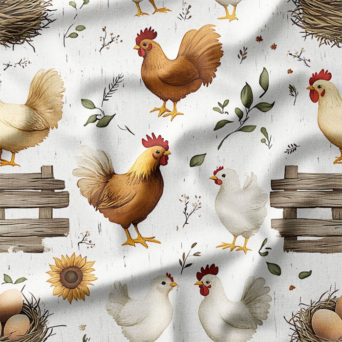Lniana tkanina Sielska Farma - Kurza Rodzina i Słoneczniki